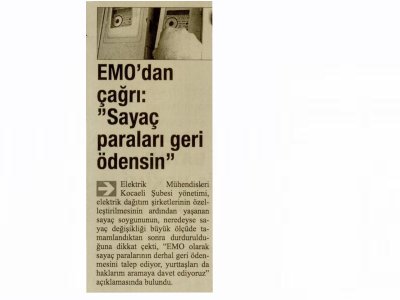 EMO‘DAN ÇAĞRI:SAYAÇ PARALARI GERİ ÖDENSİN-GEBZE YENİGÜN