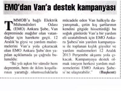 EMO`DAN VAN`A DESTEK KAMPANYASI (BAŞKENT GAZETESİ, 11.12.2013)