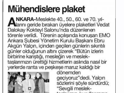 MÜHENDİSLERE PLAKET (ANAYURT GAZETESİ, 30.12.2013)