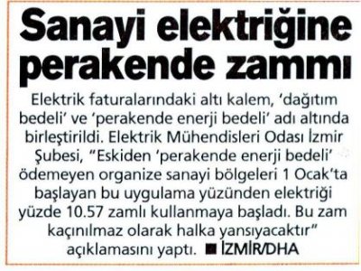 SANAYİ ELEKTRİĞİNE PERAKENDE ZAMMI (POSTA EGE)