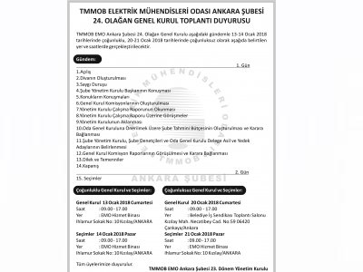 ELEKTRİK MÜHENDİSLERİ ODASI ANKARA ŞUBESİ 24. OLAĞAN GENEL KURULU DÜZENLENİYOR