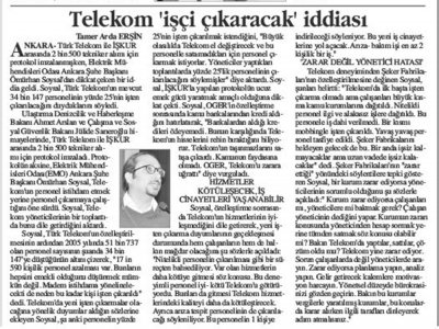 TELEKOM İŞÇİ ÇIKARTACAK İDDİASI (ANAYURT GAZETESİ, 28.03.2018)