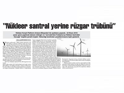 `NÜKLEER SANTRAL YERİNE RÜZGAR TRÜBÜNÜ` (BAŞKENT GAZETESİ, 24.04.2018)