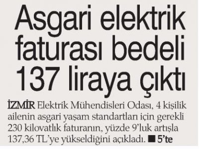ASGARİ ELEKTRİK FATURASI BEDELİ 137 LİRAYA ÇIKTI (HABER EKSPRES)