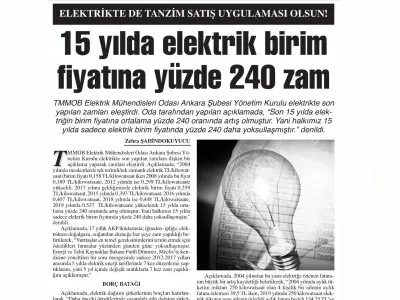 15 YILDA ELEKTRİK BİRİM FİYATINA YÜZDE 240 ZAM (BAŞKENT GAZETESİ, 27.03.2019)
