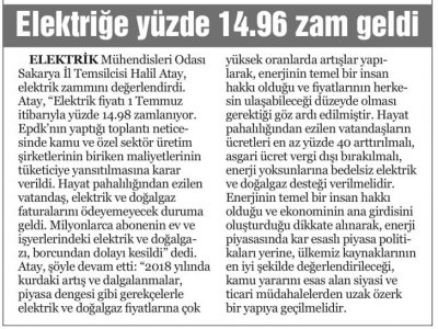 YENİ SAKARYA:ELEKTRİĞE YÜZDE 14.96 ZAM GELDİ