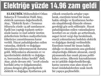 YENİ SAKARYA:ELEKTRİĞE YÜZDE 14.96 ZAM GELDİ