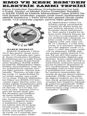 EMO`DAN ELEKTRİK ZAMMI İLE İLGİLİ AÇIKLAMA: ``ZAMLAR HIZ KESMİYOR``
(YENİ ADANA)