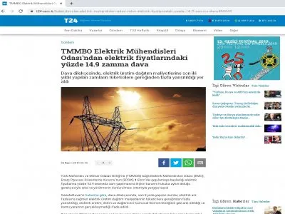 TMMOB ELEKTRİK MÜHENDİSLERİ ODASI`NDAN ELEKTRİK FİYATLARINDAKİ YÜZDE 14.9 ZAMMA DAVA (T24.COM.TR)