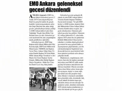 EMO ANKARA GELENEKSEL GECESİ DÜZENLENDİ (ANAYURT GAZETESİ, 18.12.2019)