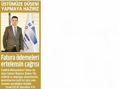 FATURA ÖDEMELERİ ERTELENSİN ÇAĞRISI (GAZETE BİR - 21.03.2020)