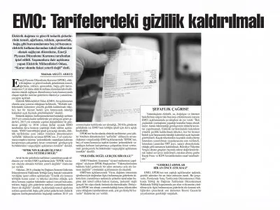 EMO: TARİFELERDEKİ GİZLİLİK KALDIRILMALI (BAŞKENT GAZETESİ)