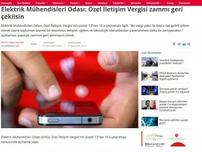 ELEKTRİK MÜHENDİSLERİ ODASI: ÖZEL İLETİŞİM VERGİSİ ZAMMI GERİ ÇEKİLSİN (DUNYA.COM.TR)