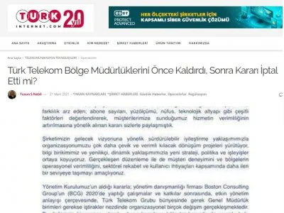 TÜRK TELEKOM BÖLGE MÜDÜRLÜKLERİNİ ÖNCE KALDIRDI, SONRA KARARI İPTAL ETTİ Mİ? (FÜSUN S. NEBİL- TURK-İNTERNET.COM)