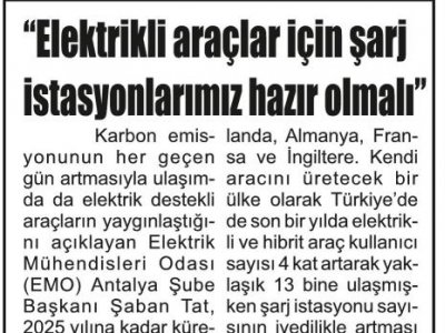 ELEKTRİKLİ ARAÇLAR İÇİN ŞARJ İSTASYONLARIMIZ HAZIR OLMALI (TOROS-15.07.2021)