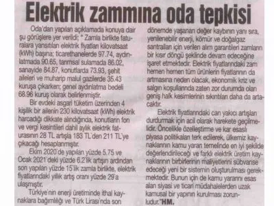 `ELEKTRİK ZAMMINA ODA TEPKİSİ` İSTİKBAL GAZETESİ 02.07.2021