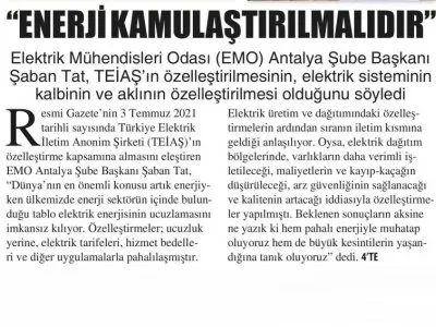 ENERJİ KAMULAŞTIRILMALIDIR (ANTALYA GÜNDEM-06.07.2021)