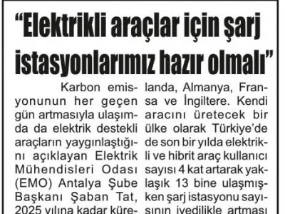 ELEKTRİKLİ ARAÇLAR İÇİN ŞARJ İSTASYONLARIMIZ HAZIR OLMALI (TOROS-15.07.2021)