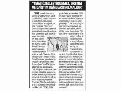 TEİAŞIN ÖZELLEŞTİRİLEMEZ, ÜRETİM VE DAĞITIM
 KAMUSALLAŞTIRILMALIDIR (TÜRKİYEDE YENİ ÇAĞ)