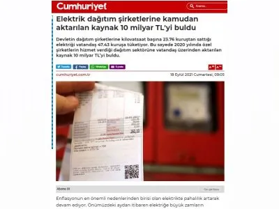 ELEKTRİK DAĞITIM ŞİRKETLERİNE KAMUDAN AKTARILAN KAYNAK 10 MİLYAR TL`Yİ BULDU (CUMHURİYET.COM.TR)