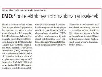 TAVAN FİYAT DÜZENLEMESİNİN SONUÇLARI: EMO: SPOT ELEKTRİK FİYATI OTOMATİKMAN YÜKSELECEK (DÜNYA)