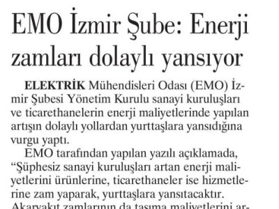 EMO İZMİR ŞUBE: ENERJİ ZAMLARI DOLAYLI YANSIYOR (EVRENSEL)