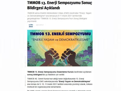 TMMOB 13. ENERJİ SEMPOZYUMU SONUÇ BİLDİRGESİ AÇIKLANDI (YAPİ.COM.TR)