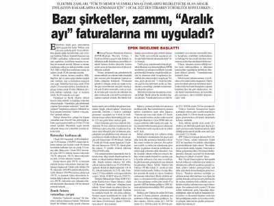 BAZI ŞİRKETLER, ZAMMI, ARALIK AYI FATURALARINA MI UYGULADI? (GÖZLEM GAZETESİ)
