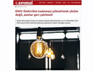 EMO: ELEKTRİKTE KADEMEYİ YÜKSELTMEK ÇÖZÜM DEĞİL, ZAMLAR GERİ ÇEKİLMELİ (EVRENSEL.NET)