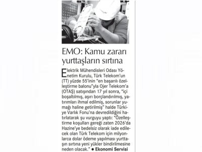 EMO : KAMU ZARARI YURTTAŞLARIN SIRTINA (CUMHURİYET)