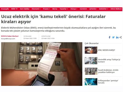 UCUZ ELEKTRİK İÇİN `KAMU TEKELİ` ÖNERİSİ: FATURALAR KİRALARI AŞIYOR (DUNYA.COM.TR)