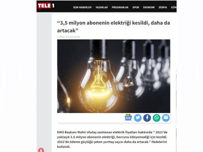 3,5 MİLYON ABONENİN ELEKTRİĞİ KESİLDİ, DAHA DA ARTACAK (TELE1.COM.TR)