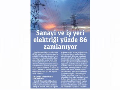 SANAYİ VE İŞ YERİ ELEKTRİĞİ YÜZDE 86 ZAMLANIYOR (GAZETE PENCERE)