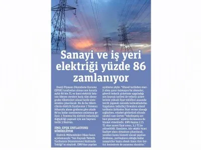 SANAYİ VE İŞ YERİ ELEKTRİĞİ YÜZDE 86 ZAMLANIYOR (GAZETE PENCERE)