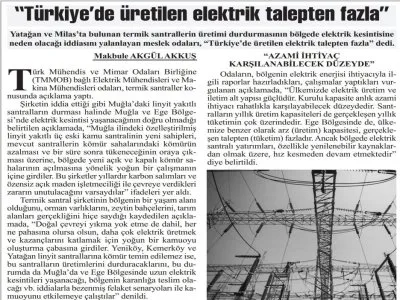 `TÜRKİYE`DE ÜRETİLEN ELEKTRİK TALEPTEN FAZLA` (BAŞKENT GAZETESİ)