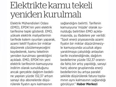 ELEKTRİKTE KAMU TEKELİ YENİDEN KURULMALI (BİRGÜN)