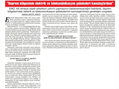 `DEPREM BÖLGESİNDE ELEKTRİK VE TELEKOMÜNİKASYON ŞEBEKELERİ KAMULAŞTIRILSIN` (BAŞKENT GAZETESİ)