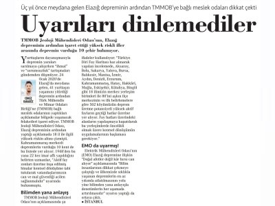 ÜÇ YIL ÖNCE MEYDANA GELEN ELAZIĞ DEPREMİNİN ARDINDAN TMMOB`YE BAĞLI MESLEK ODALARI DİKKAT ÇEKTİ UYARILARI DİNLEMEDİLER (CUMHURİYET)