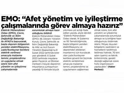 EMO: AFET YÖNETİM VE İYİLEŞTİRME ÇALIŞMALARINDA GÖREV ALMAYA HAZIRIZ (ÇUKUROVA)