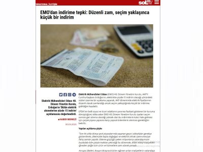 EMO`DAN İNDİRİME TEPKİ: DÜZENLİ ZAM, SEÇİM YAKLAŞINCA KÜÇÜK BİR İNDİRİM (HABER.SOL.ORG.TR)