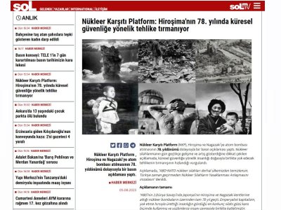 NÜKLEER KARŞITI PLATFORM: HİROŞİMA`NIN 78. YILINDA KÜRESEL GÜVENLİĞE YÖNELİK TEHLİKE TIRMANIYOR (HABER.SOL.ORG.TR)