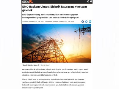 EMO BAŞKANI ULUTAŞ: ELEKTRİK FATURASINA YİNE ZAM GELECEK (GAZETEDUVAR.COM.TR)