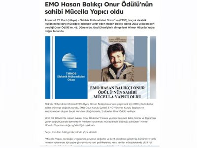 EMO HASAN BALIKÇI ONUR ÖDÜLÜ`NÜN SAHİBİ MÜCELLA YAPICI OLDU (GAZETEBİRLİK.COM)