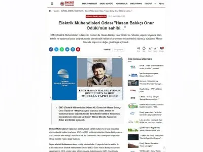 ELEKTRİK MÜHENDİSLERİ ODASI `HASAN BALIKÇI ONUR ÖDÜLÜ`NÜN SAHİBİ...` (ENERJİEKONOMİSİ.COM)