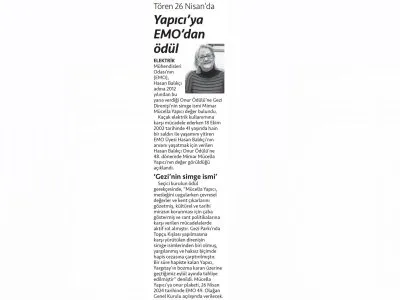 YAPICIYA EMO`DAN ÖDÜL, TÖREN 26 NİSAN`DA (CUMHURİYET)