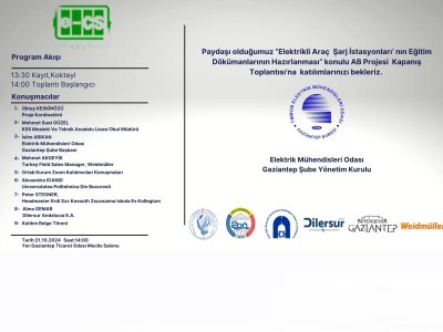 PAYDAŞI OLDUĞUMUZ ELEKTRİKLİ ARAÇ  ŞARJ İSTASYONLARI NIN EĞİTİM DÖKÜMANLARININ HAZIRLANMASI KONULU AB PROJESİ  KAPANIŞ  TOPLANTISI GERÇEKLEŞECEKTİR.
