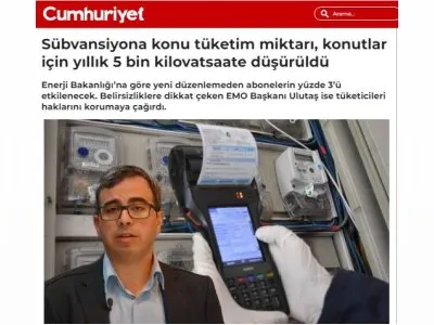 SÜBVANSİYONA KONU TÜKETİM MİKTARI, KONUTLAR İÇİN YILLIK 5 BİN KİLOVATSAATE DÜŞÜRÜLDÜ (CUMHURİYET.COM.TR)
