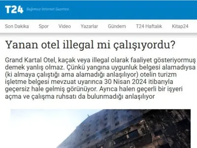 YANAN OTEL İLLEGAL Mİ ÇALIŞIYORDU? (T24.COM.TR, 23.01.2025)