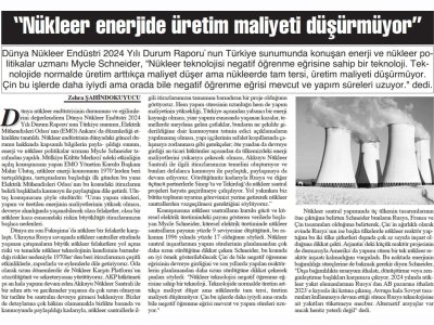 NÜKLEER ENERJİDE ÜRETİM MALİYETİ DÜŞÜRMÜYOR (BAŞKENT GAZETESİ, 15.02.2025)