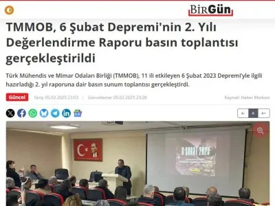 TMMOB, 6 ŞUBAT DEPREMİ`NİN 2. YILI DEĞERLENDİRME RAPORU BASIN TOPLANTISI GERÇEKLEŞTİRİLDİ (BİRGUN.NET, 05.02.2025)